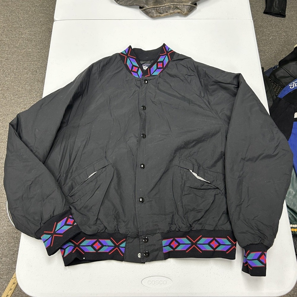 King Louie Bomber Jacket Mens Large Black Geometric Trim Vintage Made in USA